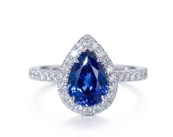 Pear Cut Blue Moissanite Engagement Ring with Side Diamonds, 18K Gold Bridal Ring