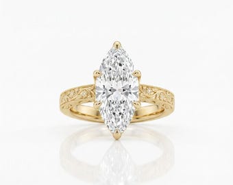 Antique Marquise Moissanite Engagement Ring, Vintage 14K Gold Art Deco Bridal Proposal Ring