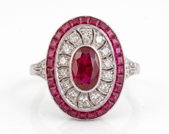 1 Carat Ruby Diamond Halo Ring, Vintage Oval Art Deco Statement Ring