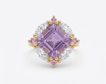 4CT Asscher Cut Purple Moissanite Engagement Ring, Pink Halo Setting, 18K Gold Bridal Ring