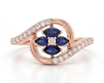 Elegant Blue Sapphire Flower Ring - Vintage Rose Gold Bridal Gemstone Ring