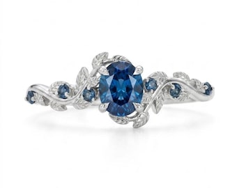 Blue Sapphire Engagement Ring, Floral Vine Nature Inspired Bridal Ring