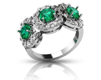 Vintage Emerald Three Stone Ring, Diamond Cluster Engagement Ring