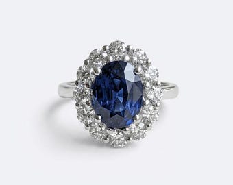 Oval Blue Moissanite Halo Engagement Ring, Solid Yellow Gold Vintage Bridal Ring