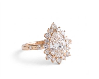 Pear Cut Moissanite Engagement Ring, Floral Halo, Vintage Gold Bridal Ring