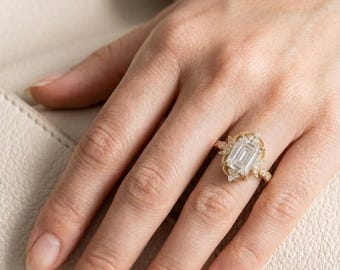 Marquise Cut Moissanite Engagement Ring: 18K Gold Vintage Halo Pave Setting Bridal Ring