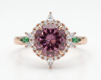 Purple Floral Halo Engagement Ring, Moissanite or Lab Grown Diamond, Vintage Inspired Bridal Ring