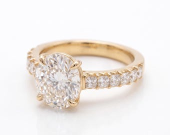 2.75 Carat Oval Cut Solitaire Engagement Ring, Gold Pavé Band, Minimalist Bridal Ring