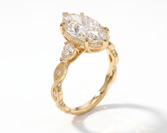 Vintage Style Marquise Diamond Engagement Ring, Yellow Gold Statement Bridal Jewelry
