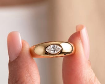 14K Solid Gold Marquise Diamond Bezel Ring – Minimalist Pinky Dome Statement Piece