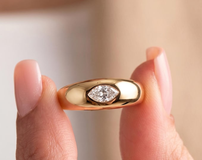 Featured listing image: 14K Solid Gold Marquise Diamond Bezel Ring – Minimalist Pinky Dome Statement Piece
