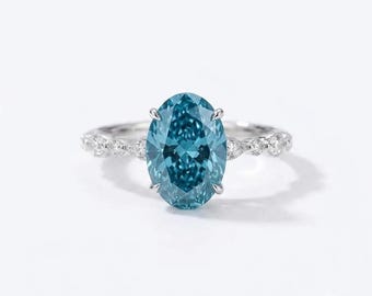 3 Carat Oval Blue Moissanite Engagement Ring, 14K Gold Vintage Bridal Ring