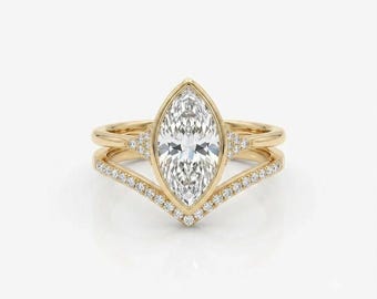 Marquise Cut Moissanite Engagement Ring Set with Round Side Diamonds in 18K Gold