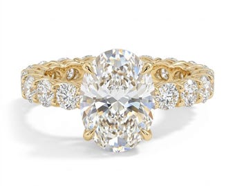 2.5 Carat Oval Diamond Full Eternity Band Engagement Ring, 14K Gold Bridal Statement Ring