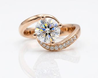 Rose Gold Round Cut Solitaire Engagement Ring, Pave Diamond Band Bridal Promise Ring