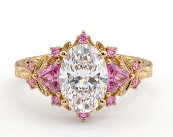 14K Gold Vintage Halo Engagement Ring with Oval Cut Moissanite