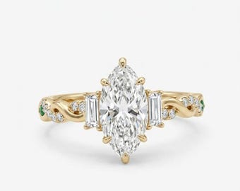 Marquise Moissanite Engagement Ring with Baguette Diamonds – 18K Gold Vintage Bridal Ring