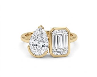 Toi Et Moi Pear Emerald Moissanite Engagement Ring 18K Gold Antique Bridal Proposal
