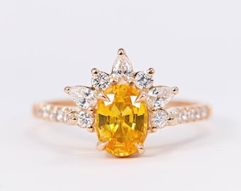 2 CT Oval Engagement Ring ,14K Gold Halo Pave Band, Vintage Promise Ring