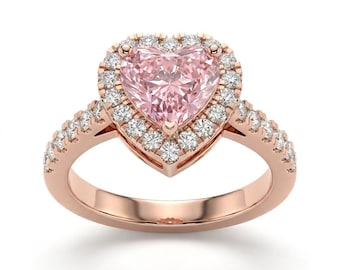 Heart-Shaped Pink Gemstone Halo Engagement Ring, Rose Gold Bridal Jewelry