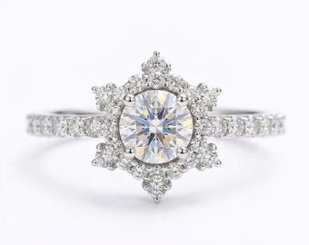 Floral Halo Engagement Ring, Lab Grown Diamond or Moissanite, Vintage Gold Bridal Jewelry