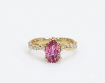 Pear Cut Pink Moissanite Engagement Ring, Solid Gold Vintage Bridal Anniversary Ring