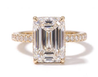 Emerald Cut Diamond Engagement Ring, 2.75 Carat Solitaire, Pave Gold Band, Luxury Bridal Jewelry