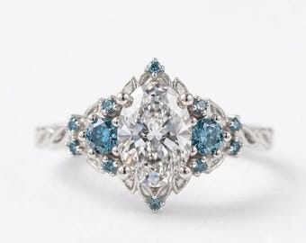 Oval Cut Lab Diamond Engagement Ring, Blue Accent side Stones, Nature Inspired Bridal Jewelry