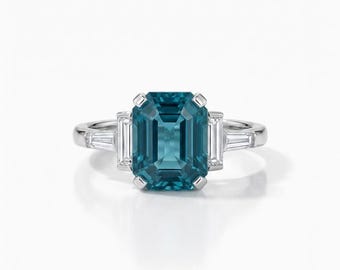 3 Carat Blue Moissanite Engagement Ring, Antique Three Stone 14K Gold Baguette Vintage Ring
