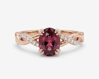 Oval Cut Moissanite Engagement Ring, Red Garnet Bridal Band, 14K Gold Wedding Ring