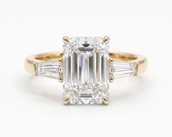 Emerald Cut Lab Diamond Engagement Ring, 14K Gold Bezel Setting, Art Deco Bridal Jewelry