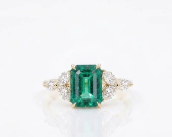 Emerald Cut Green Gemstone Ring, Vintage Gold Moissanite Engagement Ring