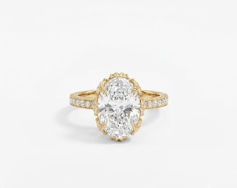 3CT Oval Lab Grown Diamond Vintage Engagement Ring, 14K Gold Hidden Halo Setting
