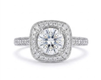 Round Halo Engagement Ring, Lab Grown Diamond, Gold Bridal Ring