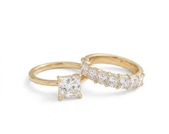 1.5CT Princess Cut Moissanite Engagement Ring Set, 18K Gold Antique Diamond Band Proposal Ring