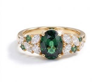 Oval Cut Green Emerald Ring, 925 Sterling Silver Gold Vermeil, Diamond Accents, Vintage Statement