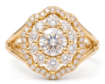 1.5 Carat Diamond Halo Flower Ring, 14K Yellow Gold Engagement Ring, Vintage Floral Cluster