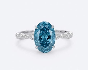 3CT Oval Blue Moissanite Engagement Ring, Vintage Hidden Halo Diamond, 14K Gold Bridal Band