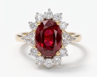 Solid Gold Promise Ring with Oval Red Lab Diamond & Vintage Halo