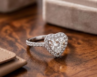 2CT Heart Cut Moissanite Engagement Ring Hidden Halo Pave 14K Gold Vintage Bridal