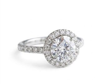 Vintage Moissanite Halo Engagement Ring, 1.5 CT Round Cut 14K Gold Bridal Wedding Band