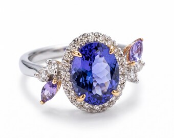 Oval Blue Sapphire Diamond Halo Ring | Floral Inspired Engagement Fine Jewelry