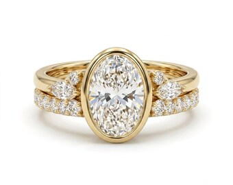 Lab Grown Oval Diamond Engagement Ring Set, Antique Bezel Setting, Yellow Gold Band