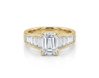Emerald Cut Moissanite Engagement Ring, 14K Gold Pave Setting, Vintage Anniversary Proposal Ring