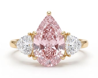 3.5 Carat Pear Pink Moissanite Three Stone Ring, 14K Gold Engagement Bridal Ring