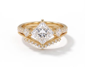2 Carat Princess Cut Diamond Halo Ring, Solid Gold Engagement Bridal Ring