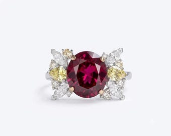 Round Ruby Engagement Ring, Vintage Floral Halo, Moissanite Diamond Accent Stones
