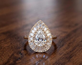 1.75 CT Pear Diamond Ballerina Ring | 14K Gold Art Deco Baguette Halo Engagement Ring