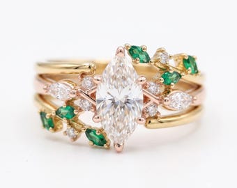 Marquise Cut Diamond Ring, 2 Carat Sterling Silver Vine Engagement Ring, Leaf Wedding Band