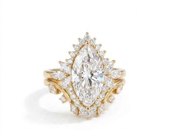 Marquise Cut Moissanite Engagement Ring Set: Antique Halo, 14K Gold Vintage Bridal Band